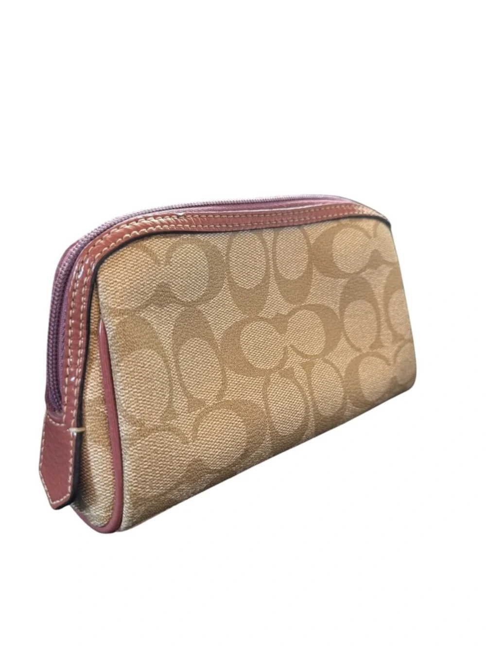Coach Tan Signature C’s Canvas Cosmetic Makeup Case with Purple Trim